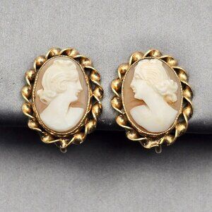 VTG AMCO 12k Gold Filled Shell Cameo Screw Back Earrings .75" 1960s